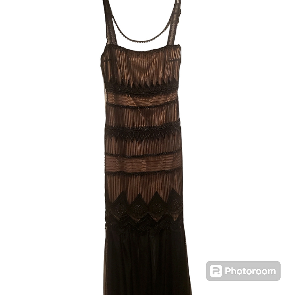 Vintage Gilar Black/Tan Tiered Evening Gown with Lace, Beading & Ribbon …